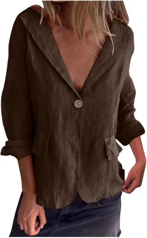 2024 Fall Cotton Linen Blazer Women Long Sleeve Lightweight One Button Cardigan Jackets Business Casual Work Outwear