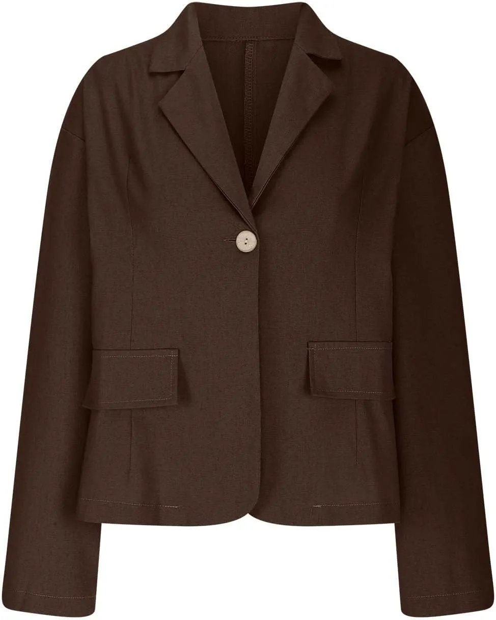2024 Fall Cotton Linen Blazer Women Long Sleeve Lightweight One Button Cardigan Jackets Business Casual Work Outwear