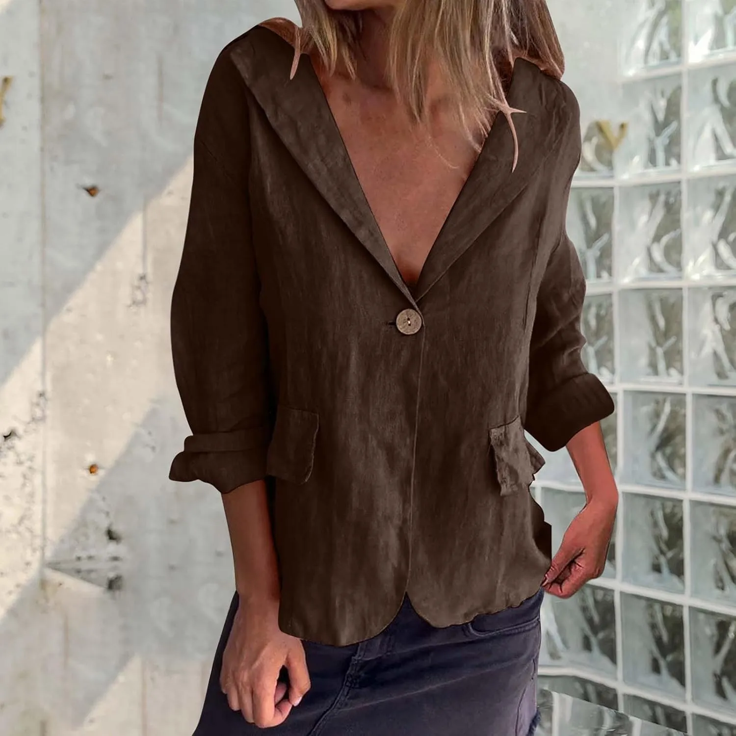 2024 Fall Cotton Linen Blazer Women Long Sleeve Lightweight One Button Cardigan Jackets Business Casual Work Outwear