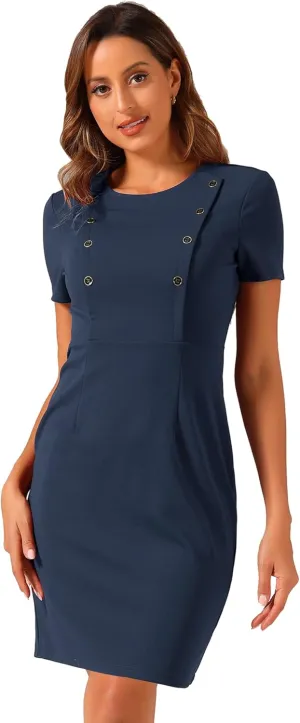 Allegra K Short Sleeve Sheath Dress for Women's Business Casual Bodycon Pencil Dress