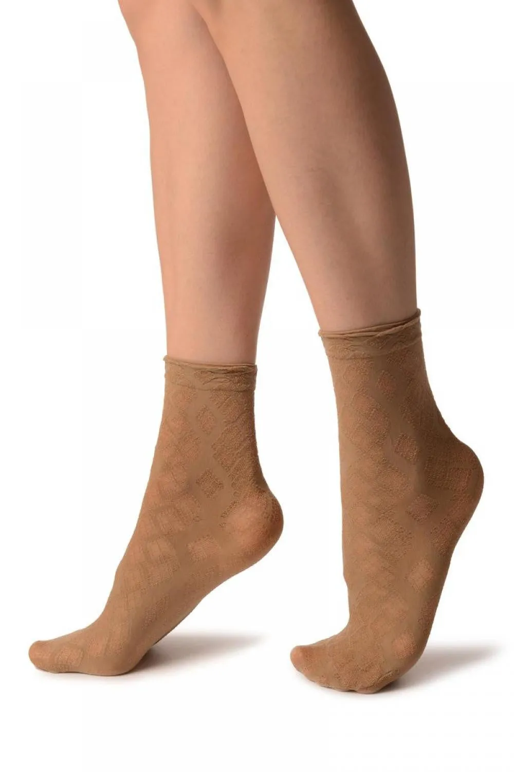 Beige With Transparent Diamonds Ankle High Socks