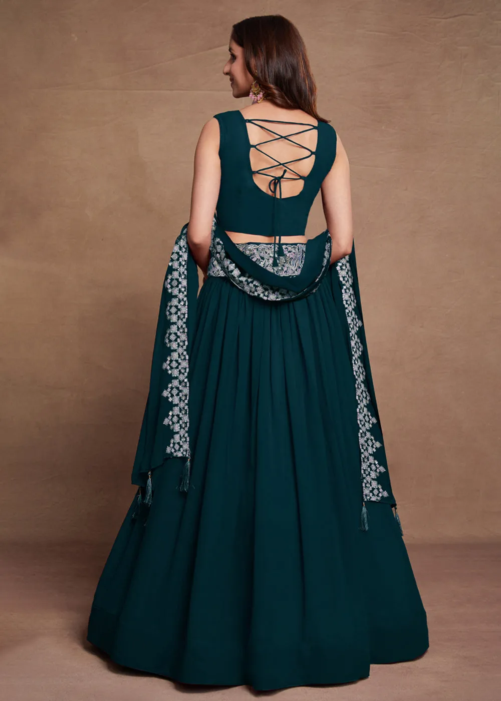 Blooming Georgette Teal Blue Embroidered Festive Lehenga Choli