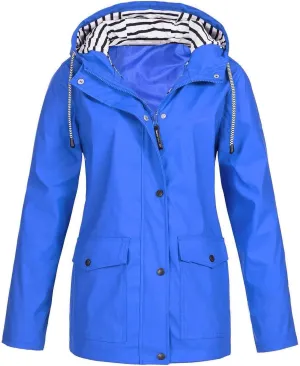 Blue Raincoat Women Waterproof Long Hooded Trench Coats Lined Windbreaker Travel Jacket with Pockets