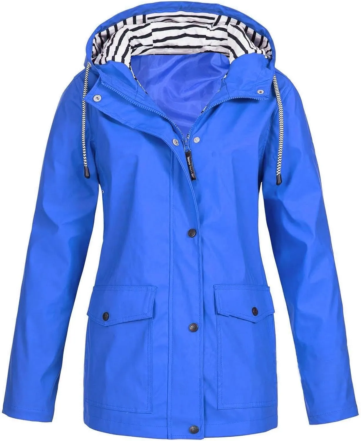 Blue Raincoat Women Waterproof Long Hooded Trench Coats Lined Windbreaker Travel Jacket with Pockets