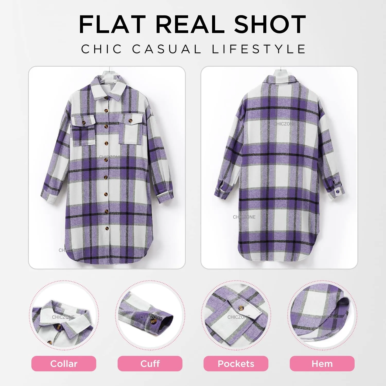 CHICZONE Womens Plaid Shacket Jacket Long Corduroy Shirt Casual Lapel Button Down Flannel Trench Coats