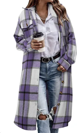 CHICZONE Womens Plaid Shacket Jacket Long Corduroy Shirt Casual Lapel Button Down Flannel Trench Coats