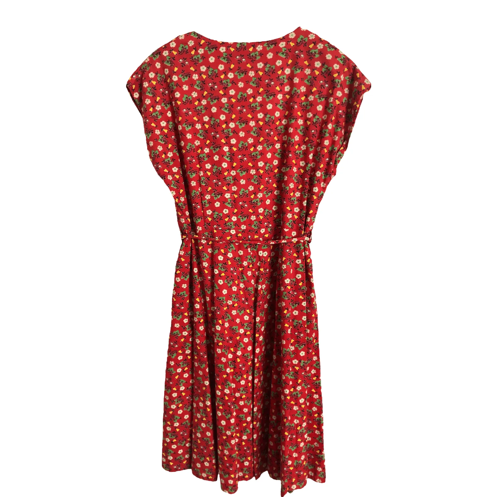 Cotton City Vintage 100% Cotton Short Cap Sleeve Belted Tea Dress Red Multi Floral Print UK Size 16-18