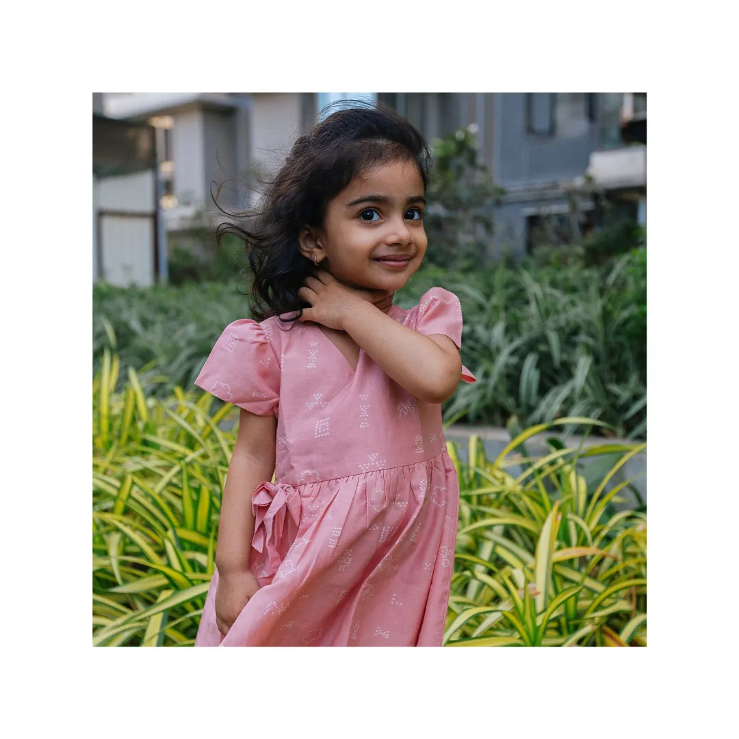 Cotton Silk Dress | Hand-Block Printed | Dancing Dots (Dusted Rose)