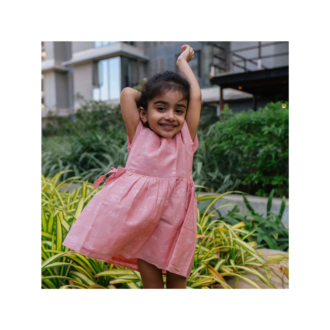 Cotton Silk Dress | Hand-Block Printed | Dancing Dots (Dusted Rose)