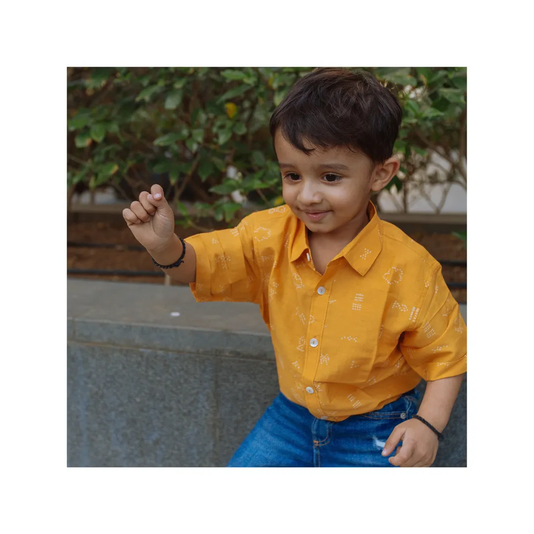 Cotton Silk Shirt | Hand-Block Printed | Dancing Dots (Honey Orange)