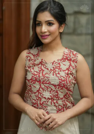 Crimson kalamkari hand block printed crop top in Maroon