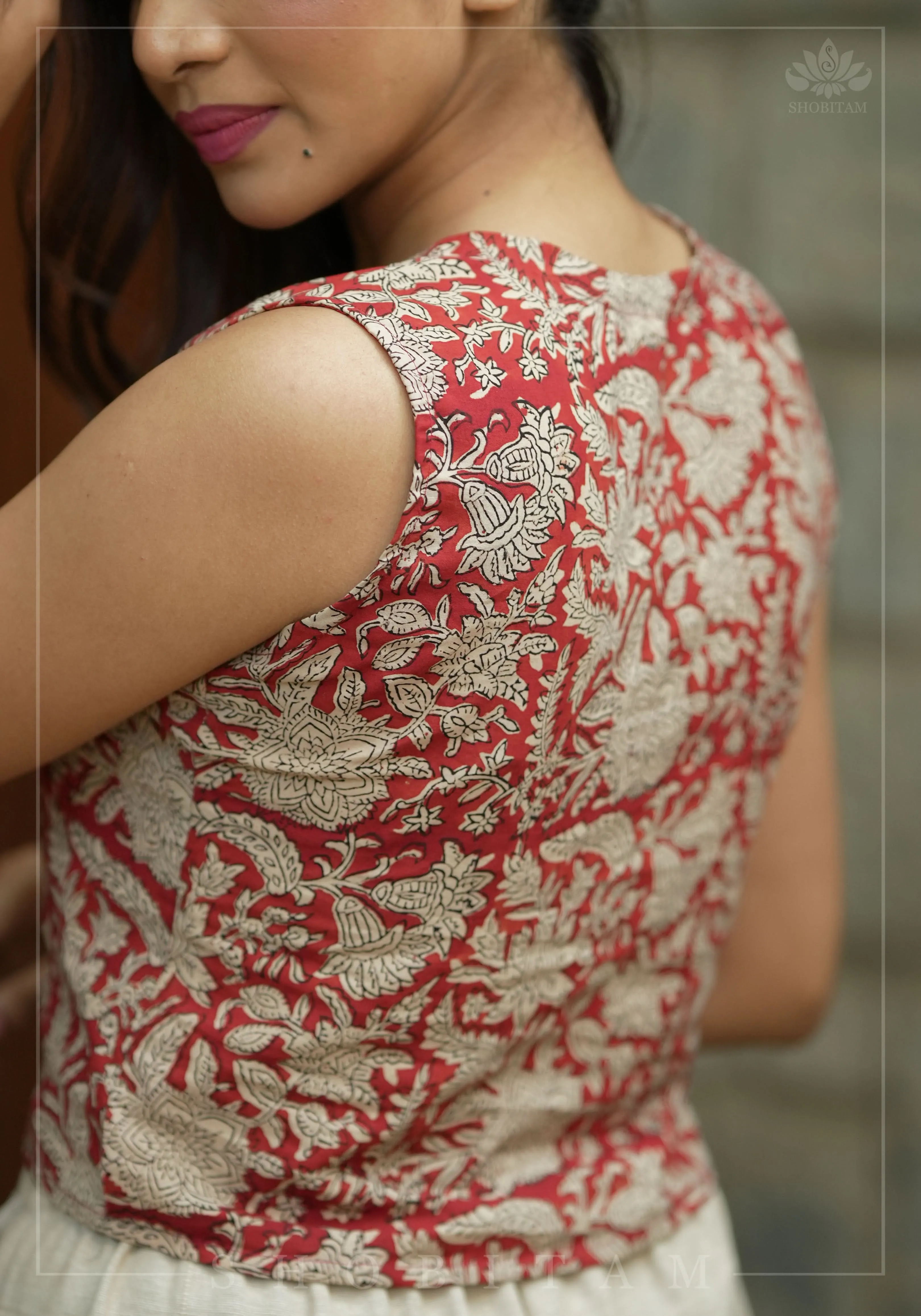 Crimson kalamkari hand block printed crop top in Maroon