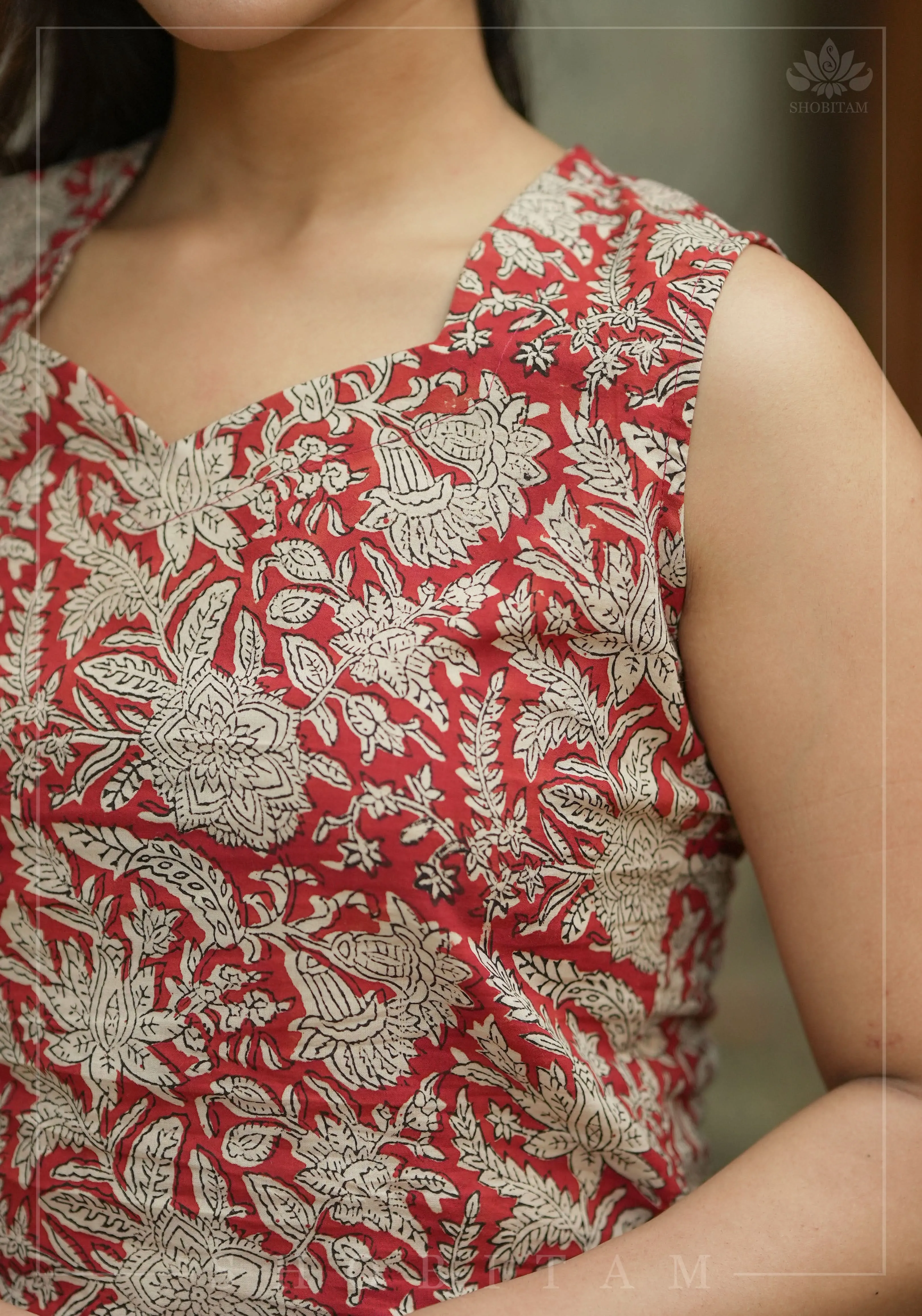 Crimson kalamkari hand block printed crop top in Maroon
