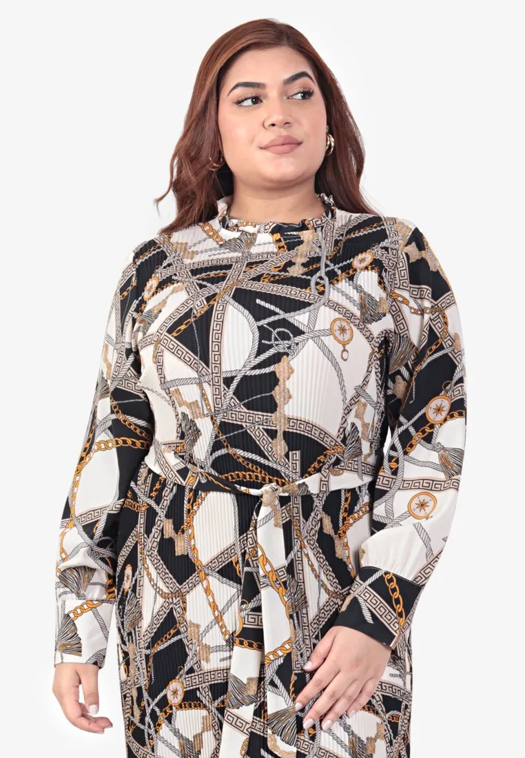 Damyra Raya Pleated Prints Belted Long Dress - Black White