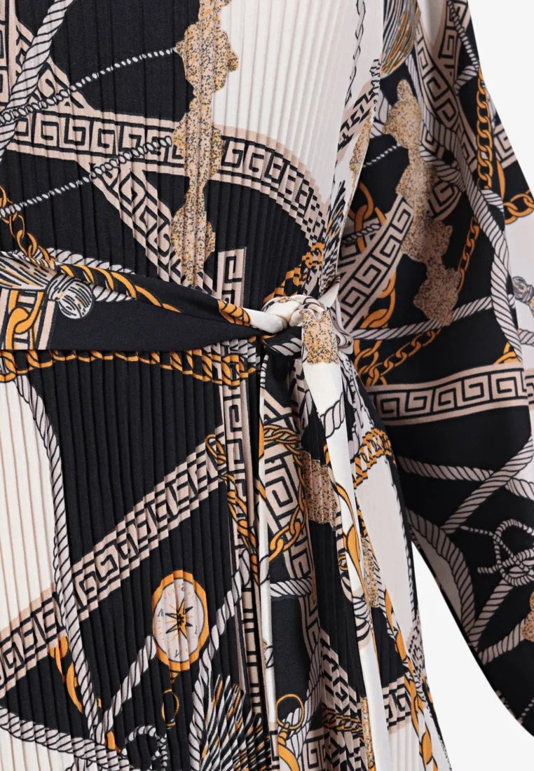 Damyra Raya Pleated Prints Belted Long Dress - Black White