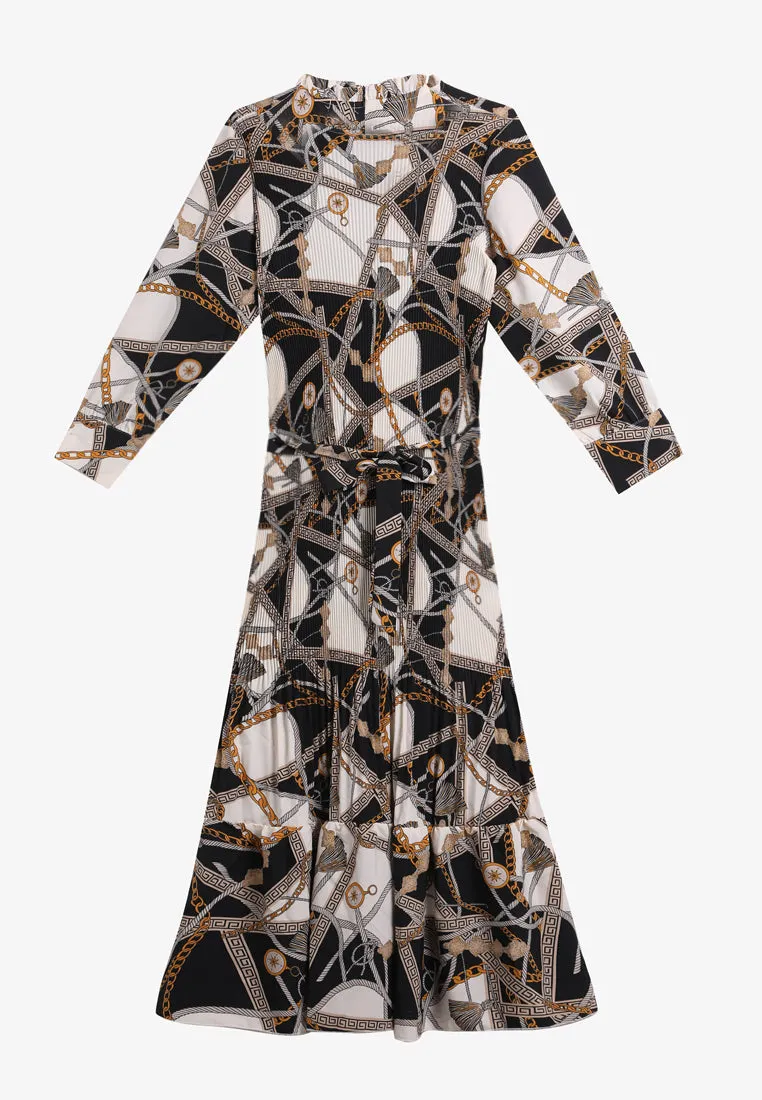 Damyra Raya Pleated Prints Belted Long Dress - Black White
