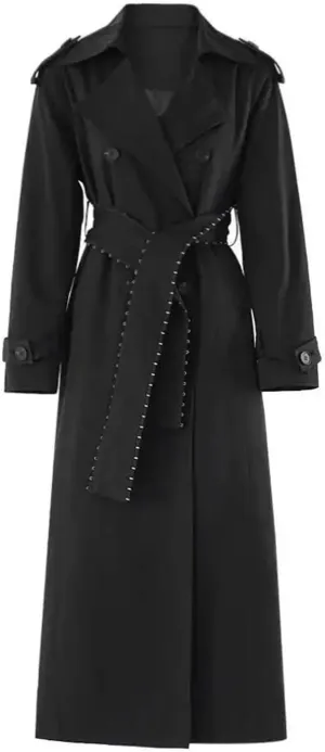 ERFMFKL Women Black Belted Slim Long Trench Coats Lapel Double Breasted Long Sleeve Overcoat With Pockets