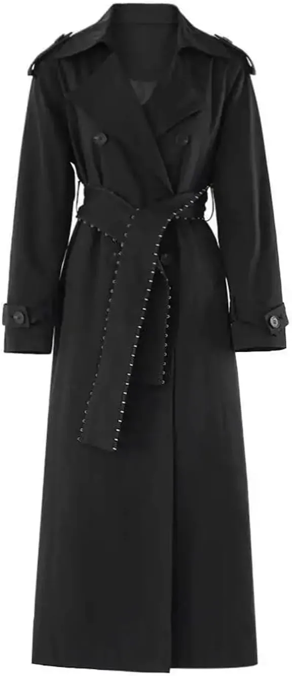 ERFMFKL Women Black Belted Slim Long Trench Coats Lapel Double Breasted Long Sleeve Overcoat With Pockets