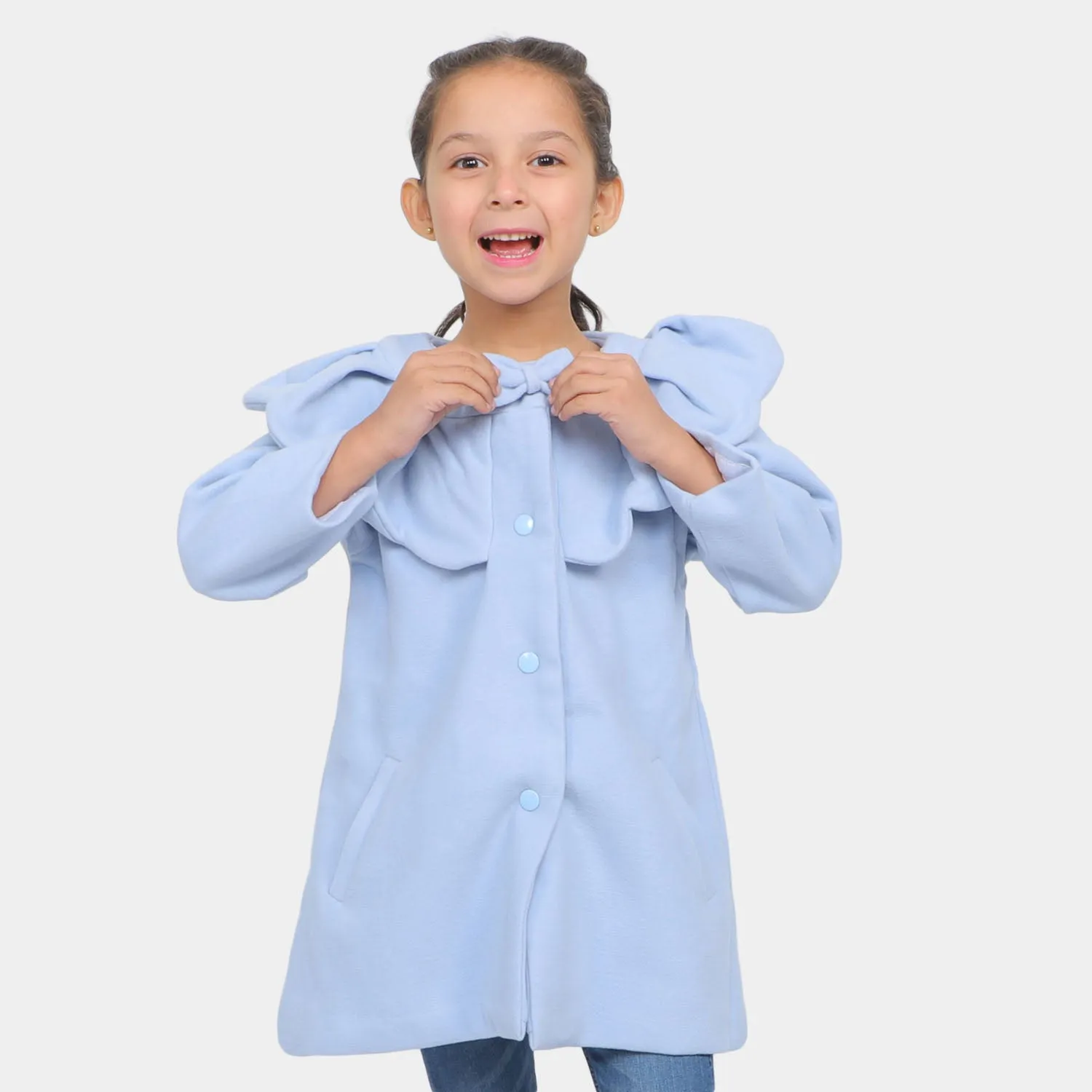 Girls Woolen Trench Coat - SKY BLUE