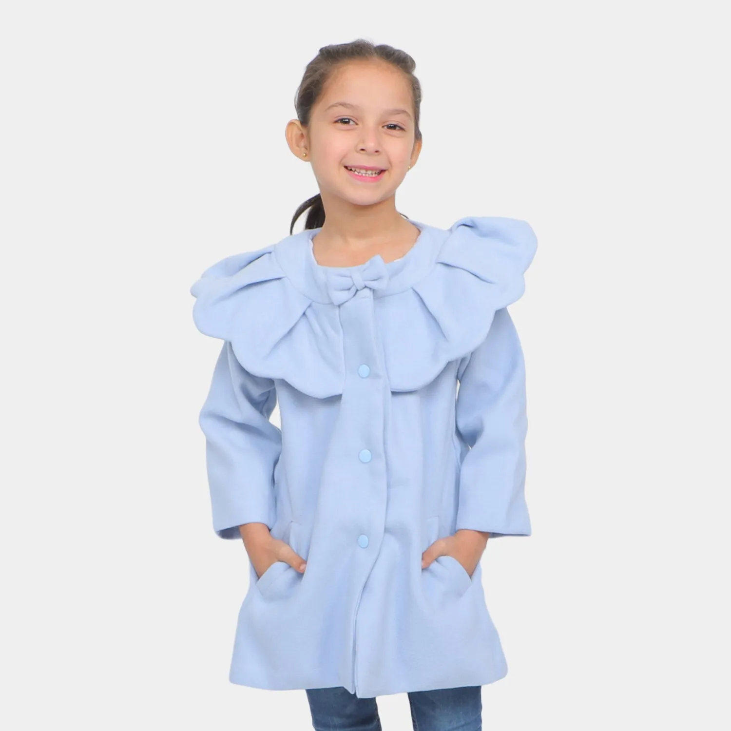 Girls Woolen Trench Coat - SKY BLUE