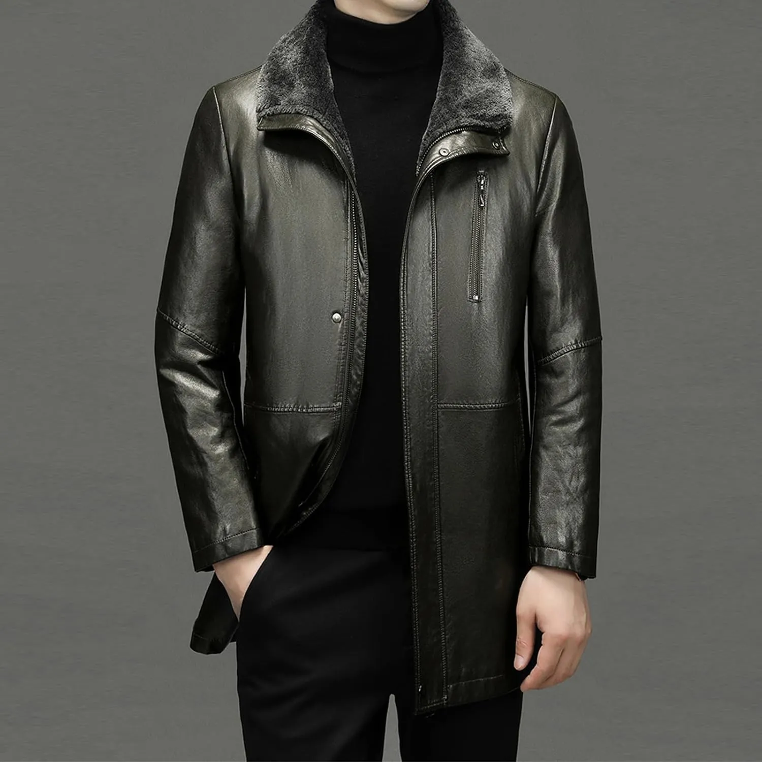 JEsilunmaMY Mens Winter Sherpa Leather Jacket Fleece Lined Lapel Performance Bomber Coat Heavyweight Motorcycle Trench Coat