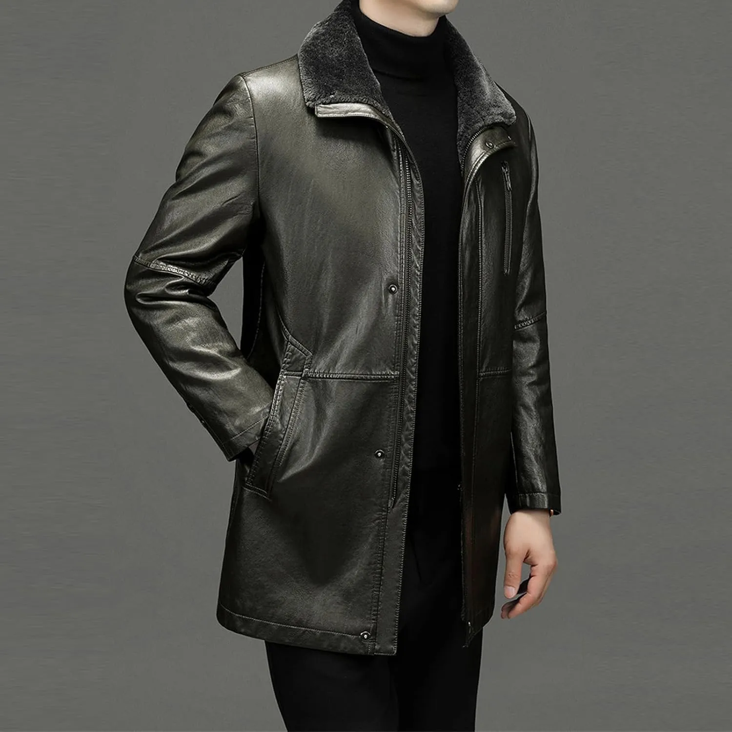 JEsilunmaMY Mens Winter Sherpa Leather Jacket Fleece Lined Lapel Performance Bomber Coat Heavyweight Motorcycle Trench Coat