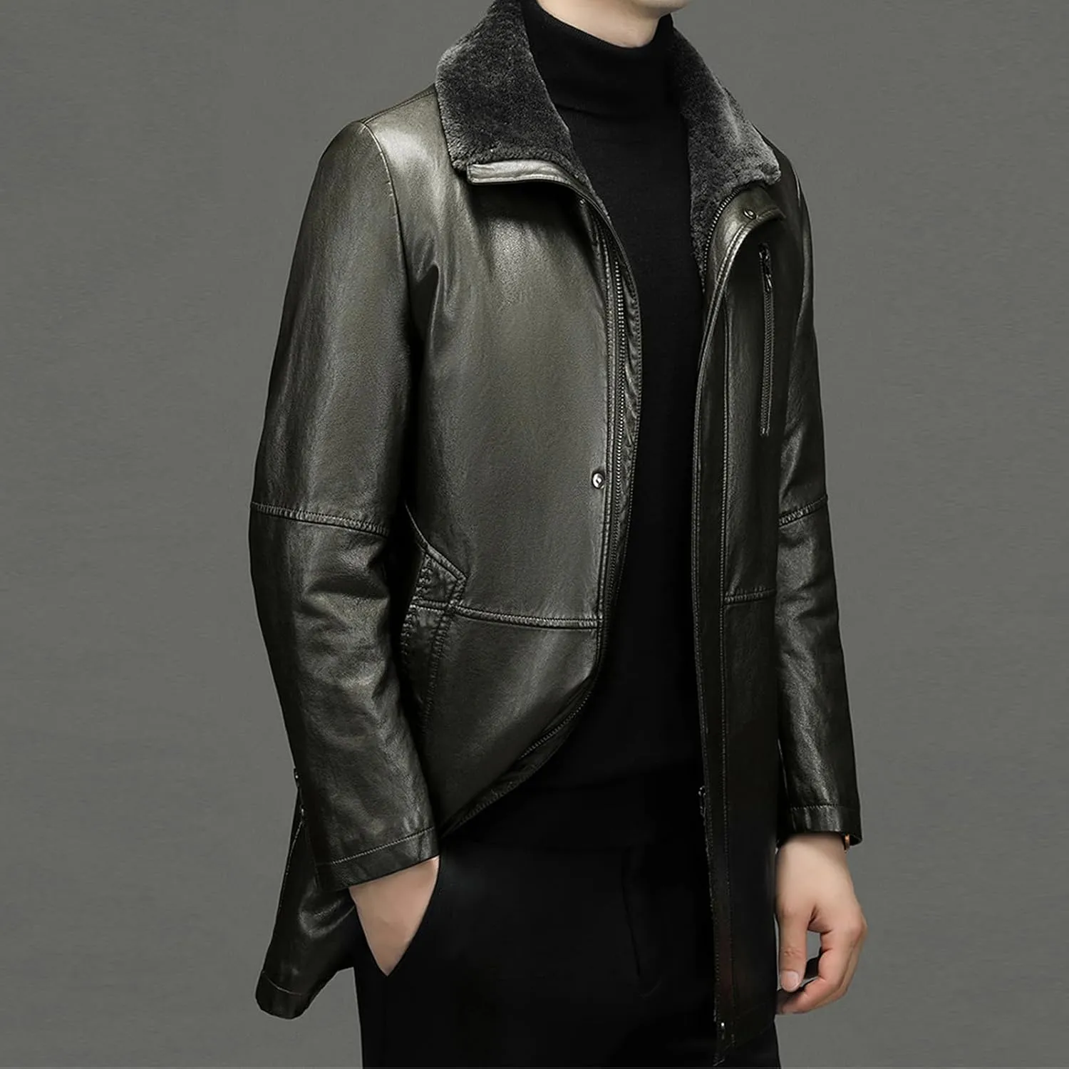 JEsilunmaMY Mens Winter Sherpa Leather Jacket Fleece Lined Lapel Performance Bomber Coat Heavyweight Motorcycle Trench Coat