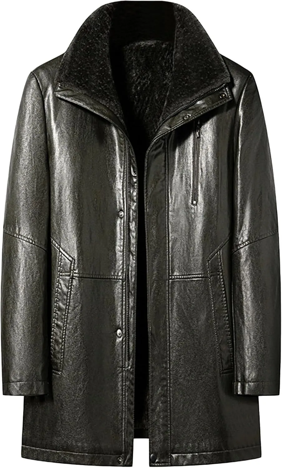 JEsilunmaMY Mens Winter Sherpa Leather Jacket Fleece Lined Lapel Performance Bomber Coat Heavyweight Motorcycle Trench Coat