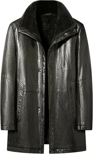 JEsilunmaMY Mens Winter Sherpa Leather Jacket Fleece Lined Lapel Performance Bomber Coat Heavyweight Motorcycle Trench Coat