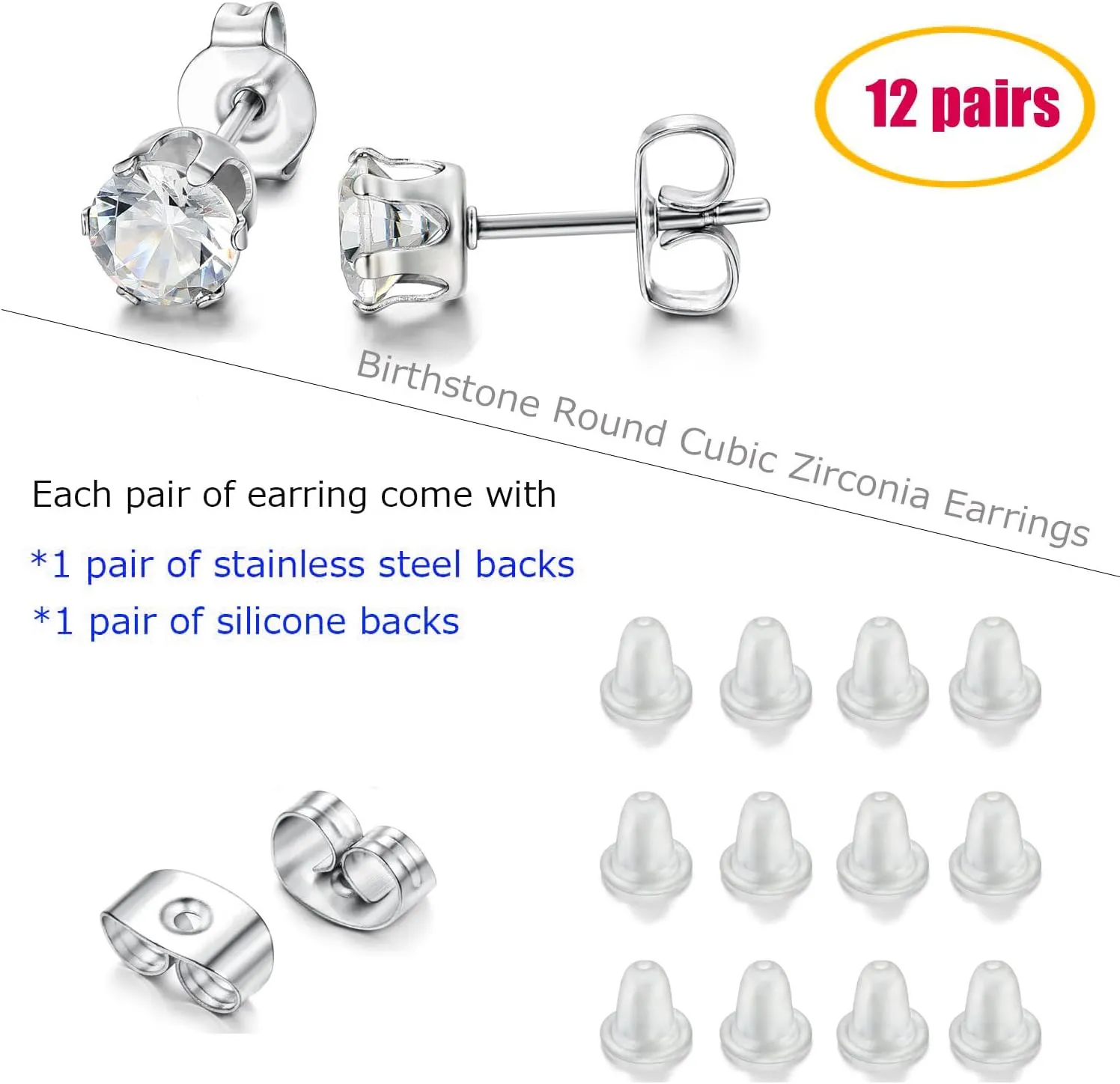 Jstyle Hypoallergenic Stud Earrings for Women Men Surgical Stainless Steel Birthstone Earrings Studs Colorful Cubic Zirconia Earrings Set Womens small Stud Post Earrings for Sensitive Ears