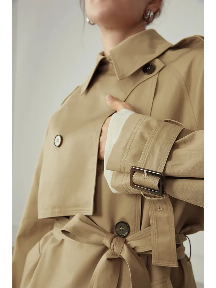 Khaki Long Turn Down Collar Full Sleeve Casual Belt Trench Coats