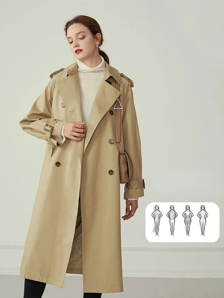 Khaki Long Turn Down Collar Full Sleeve Casual Belt Trench Coats