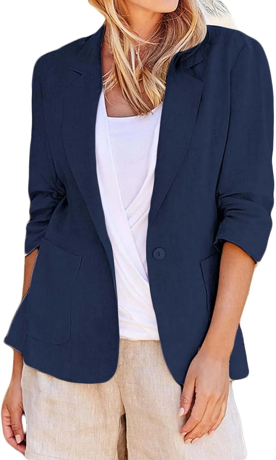 Linen Blazer Women Summer Lightweight 3/4 Sleeve Jacket Dressy Open Front Cardigan Business Casual Work Outfits