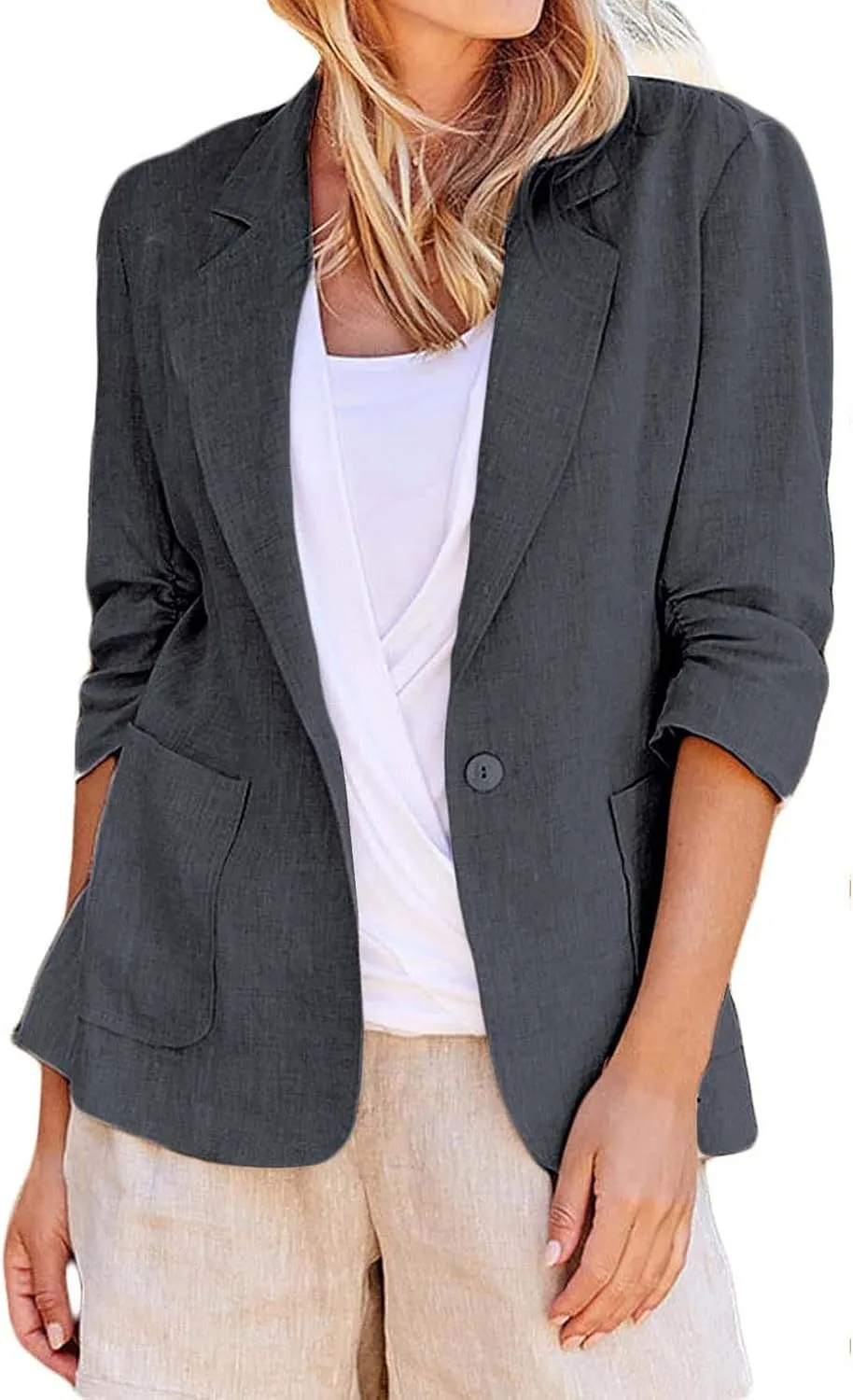 Linen Blazer Women Summer Lightweight 3/4 Sleeve Jacket Dressy Open Front Cardigan Business Casual Work Outfits