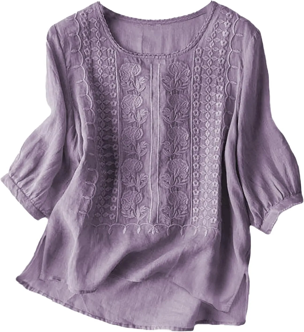 Linen Shirts for Women 2025 Women's Summer Linen 3/4 Sleeve Tunics Retro Embroidered Boho Loose Casual Styles