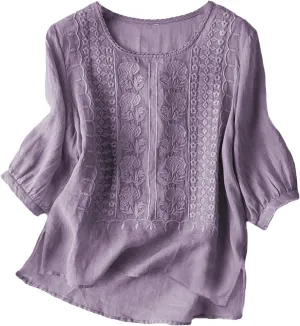 Linen Shirts for Women 2025 Women's Summer Linen 3/4 Sleeve Tunics Retro Embroidered Boho Loose Casual Styles