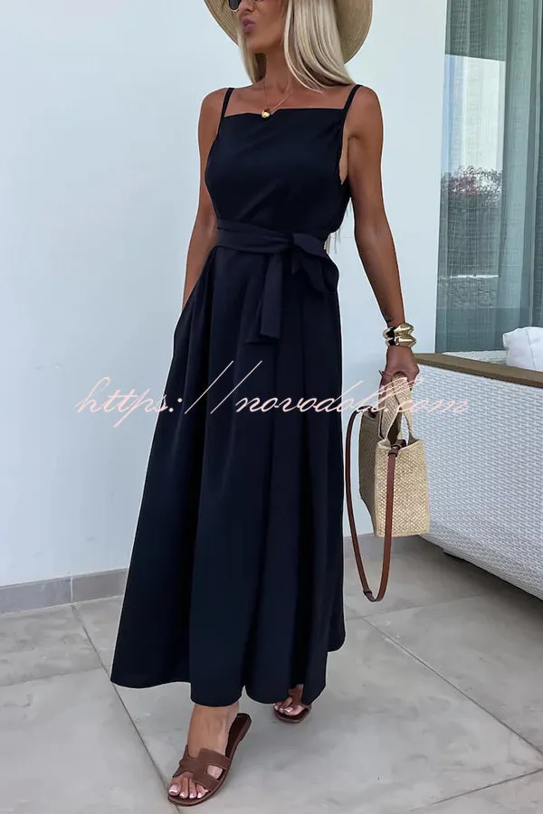 Long Story Solid Color Belted Pocket A-line Breathable Maxi Dress