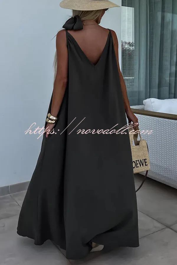 Long Story Solid Color Belted Pocket A-line Breathable Maxi Dress