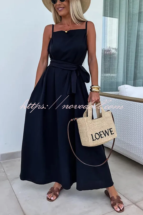 Long Story Solid Color Belted Pocket A-line Breathable Maxi Dress