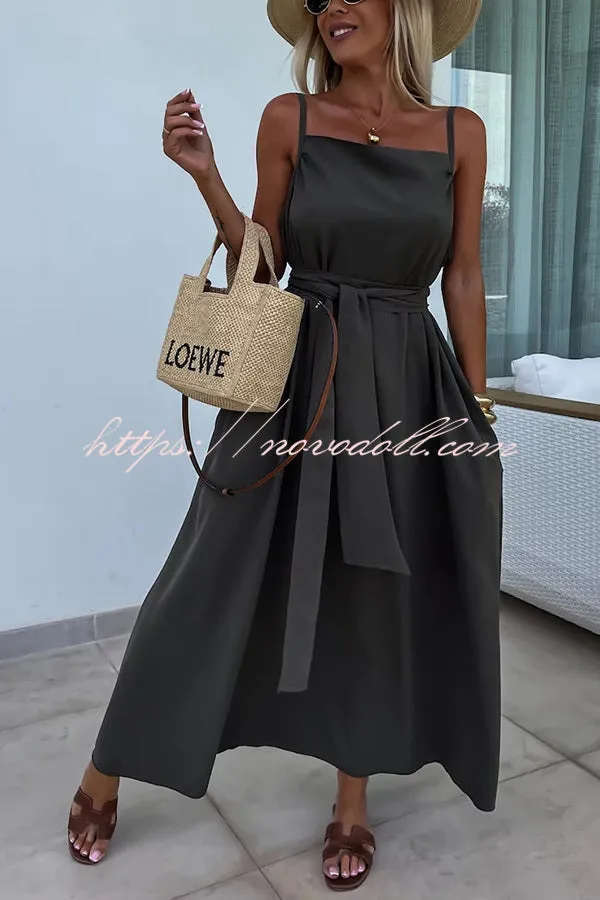 Long Story Solid Color Belted Pocket A-line Breathable Maxi Dress