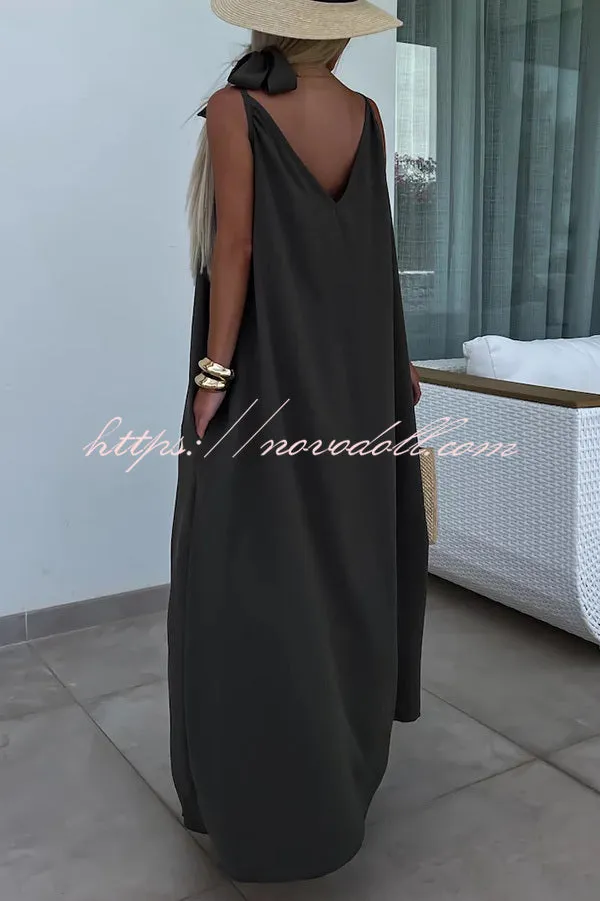 Long Story Solid Color Belted Pocket A-line Breathable Maxi Dress