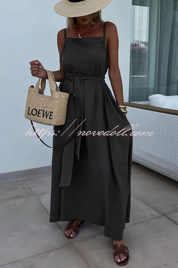 Long Story Solid Color Belted Pocket A-line Breathable Maxi Dress