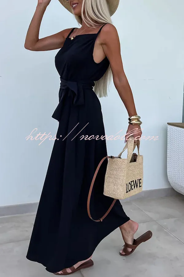 Long Story Solid Color Belted Pocket A-line Breathable Maxi Dress