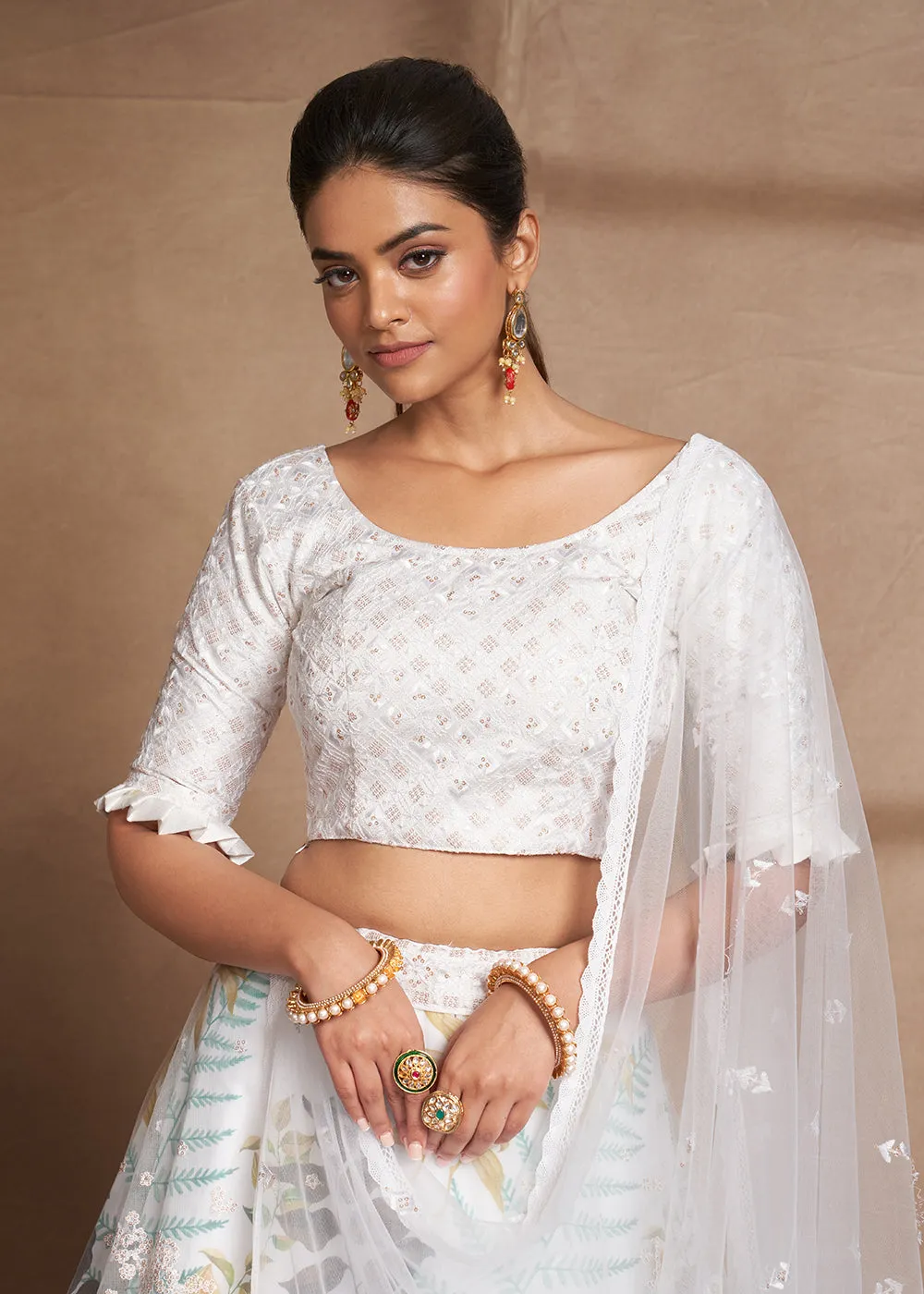 Lovely White Floral Digital Printed & Embroidered Lehenga Choli