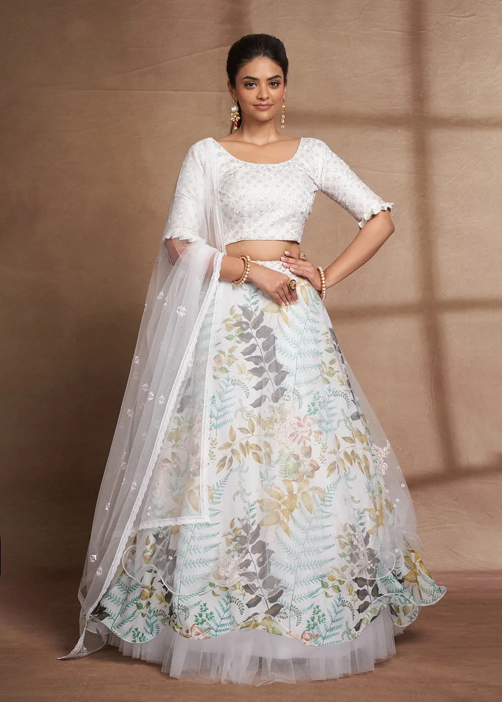 Lovely White Floral Digital Printed & Embroidered Lehenga Choli
