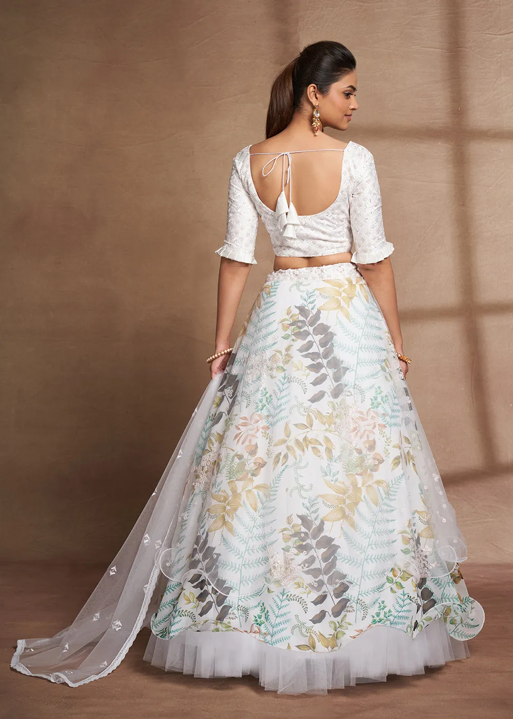 Lovely White Floral Digital Printed & Embroidered Lehenga Choli