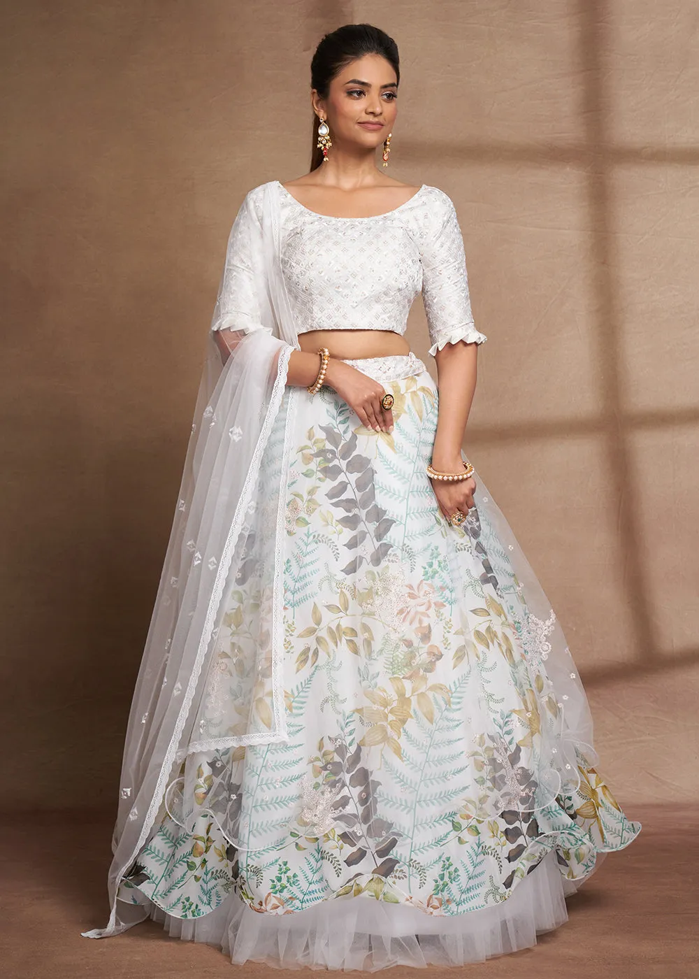 Lovely White Floral Digital Printed & Embroidered Lehenga Choli