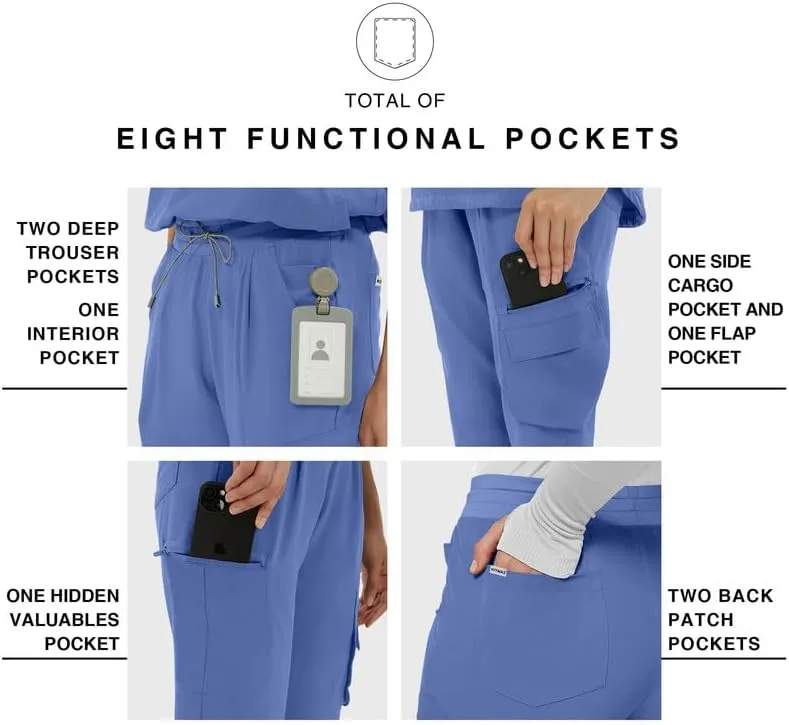 Medical Scrub Pants for Women  Mid Rise Jogger Pants with Yoga Waistband, 4-Way Stretch, Anti-Wrinkle & 8 Pockets