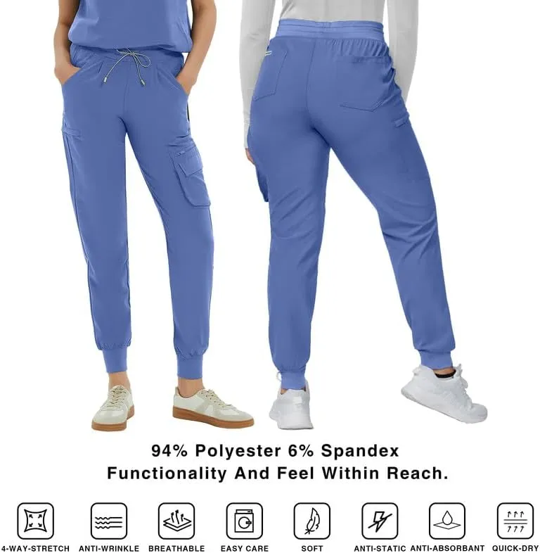 Medical Scrub Pants for Women  Mid Rise Jogger Pants with Yoga Waistband, 4-Way Stretch, Anti-Wrinkle & 8 Pockets
