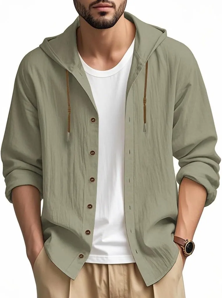 Men Cotton Linen Long Sleeve Button Down Shirt Summer Casual Hawaiian Beach Tops Lightweight Fashion Hoodies